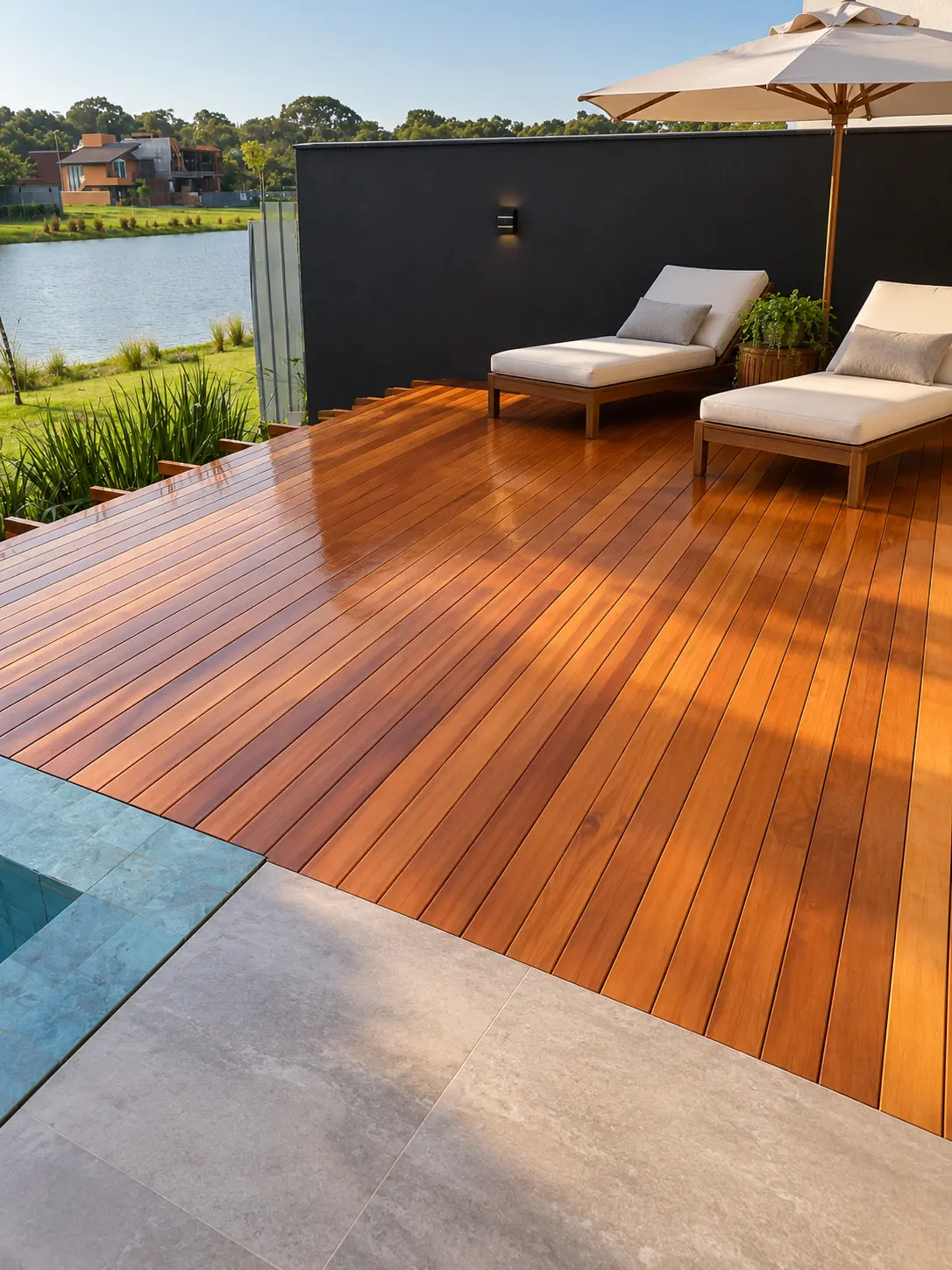 Deck de madeira envernizada à beira da piscina com espreguiçadeiras