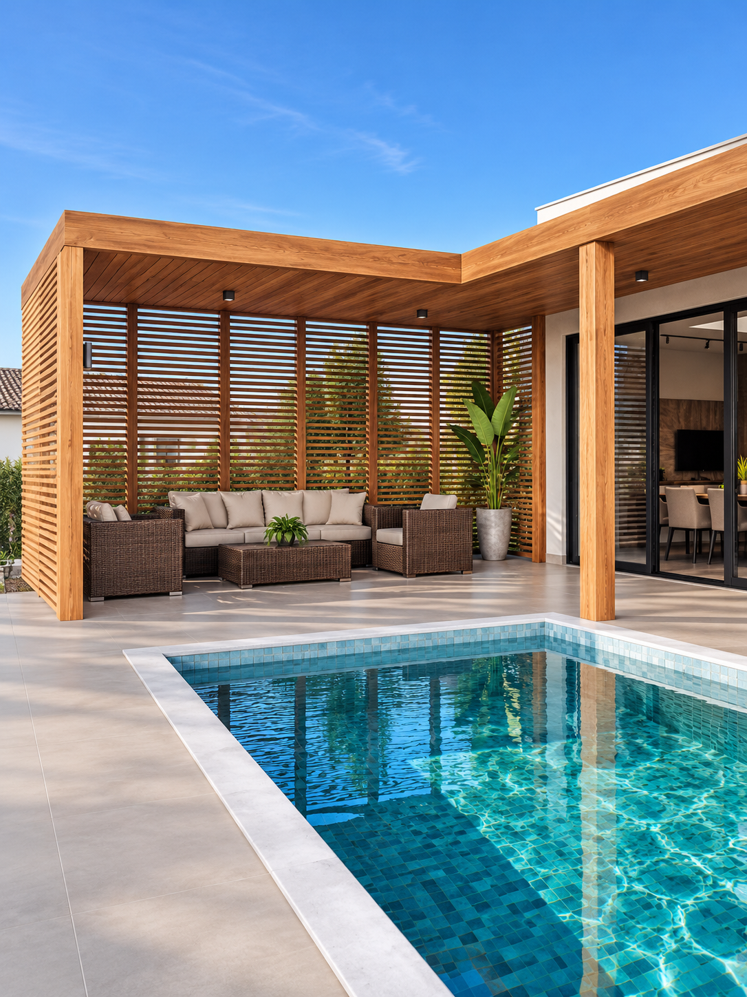 Pergolado de madeira com forro e painéis de ripas sobre lounge ao lado da piscina