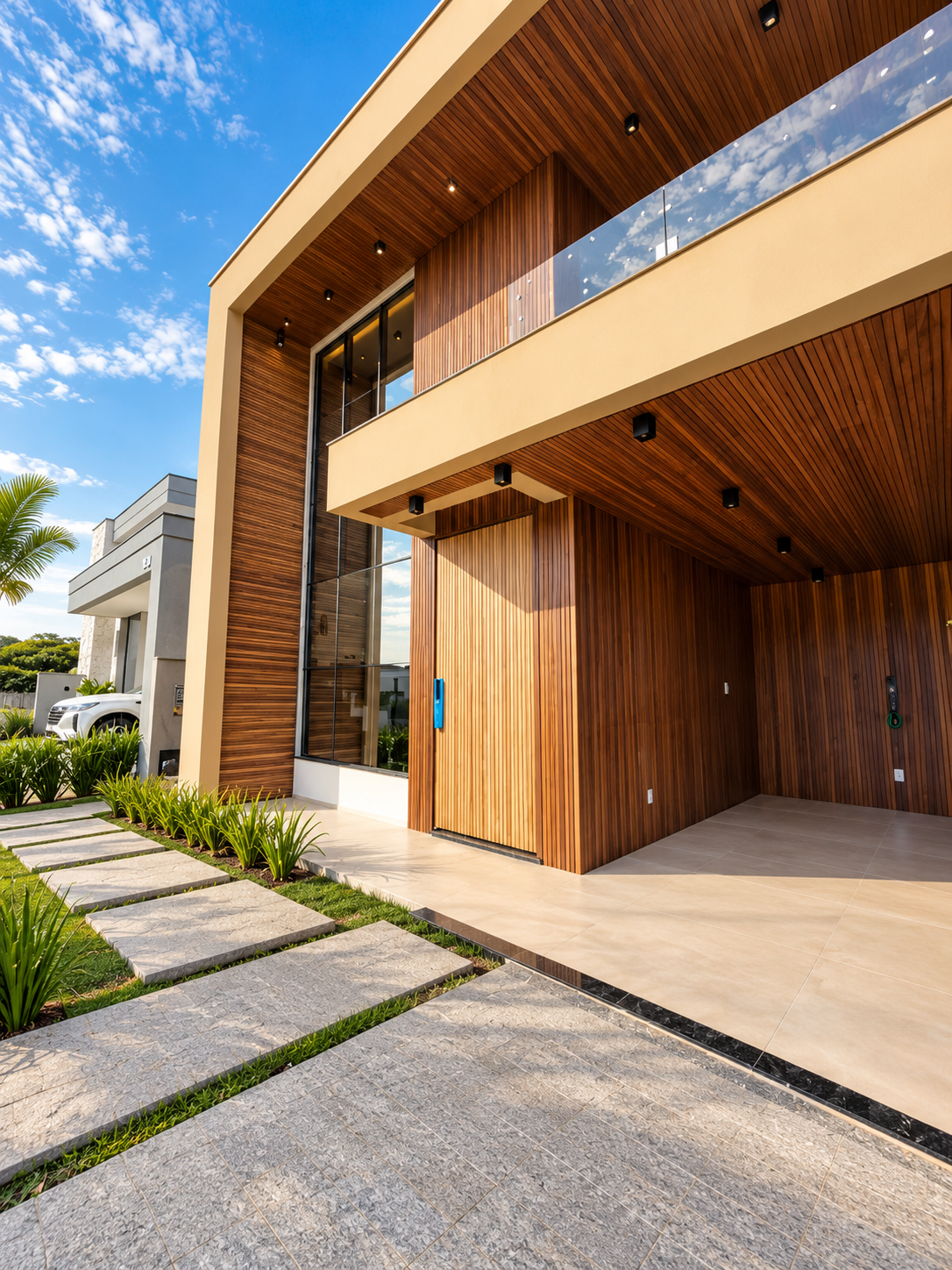 Casa moderna com fachada, porta e carport revestidos em ripados de madeira
