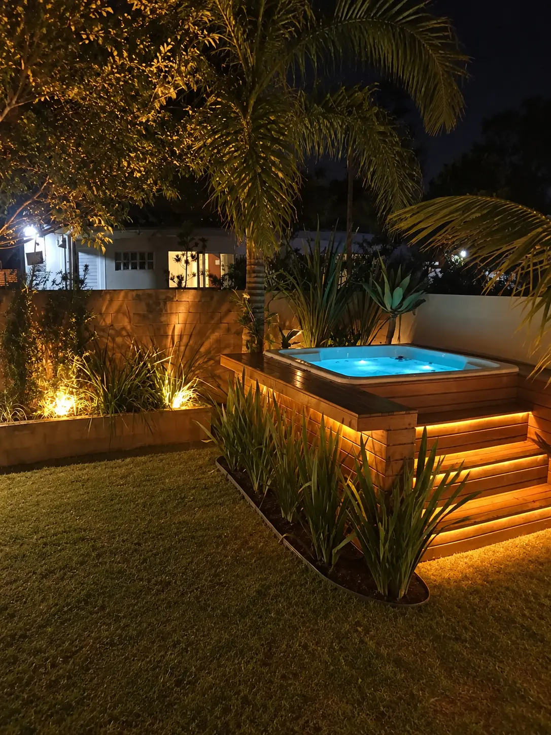 Deck de madeira iluminado à noite em jardim, com spa embutido