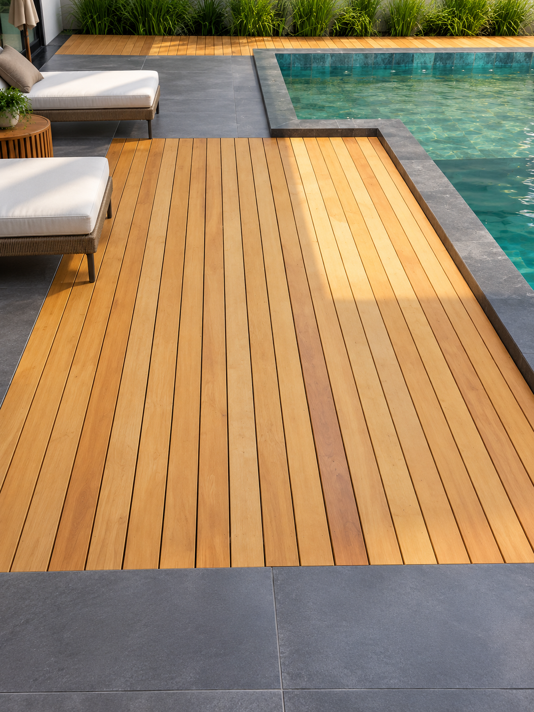 Deck de madeira clara junto à piscina em área externa ensolarada