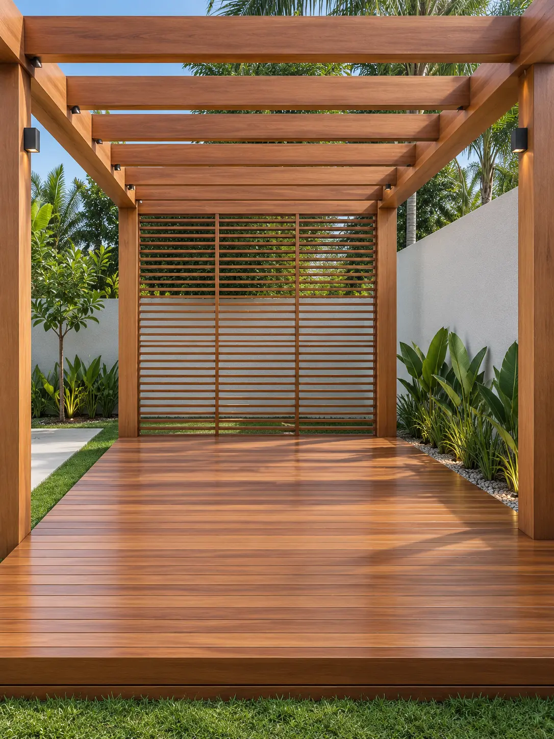 Pergolado retangular de madeira sobre deck em jardim com céu azul