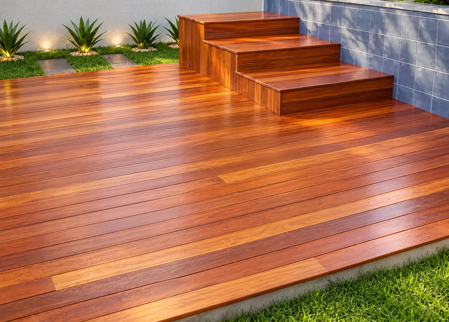 Deck de madeira envernizada com degraus em jardim iluminado por spots de piso