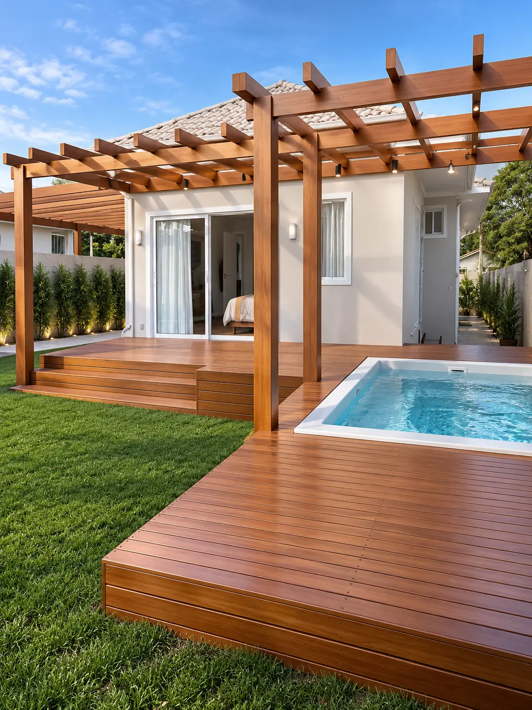 Pergolado de madeira de vigas aparentes sobre deck com piscina privativa em quintal