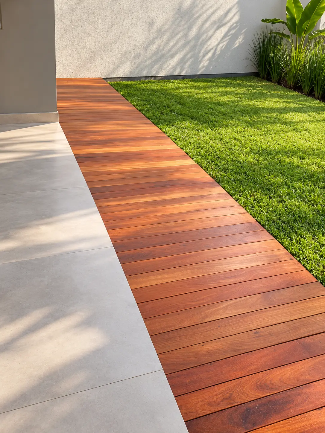 Passarela de deck de madeira em jardim lateral com sombras projetadas