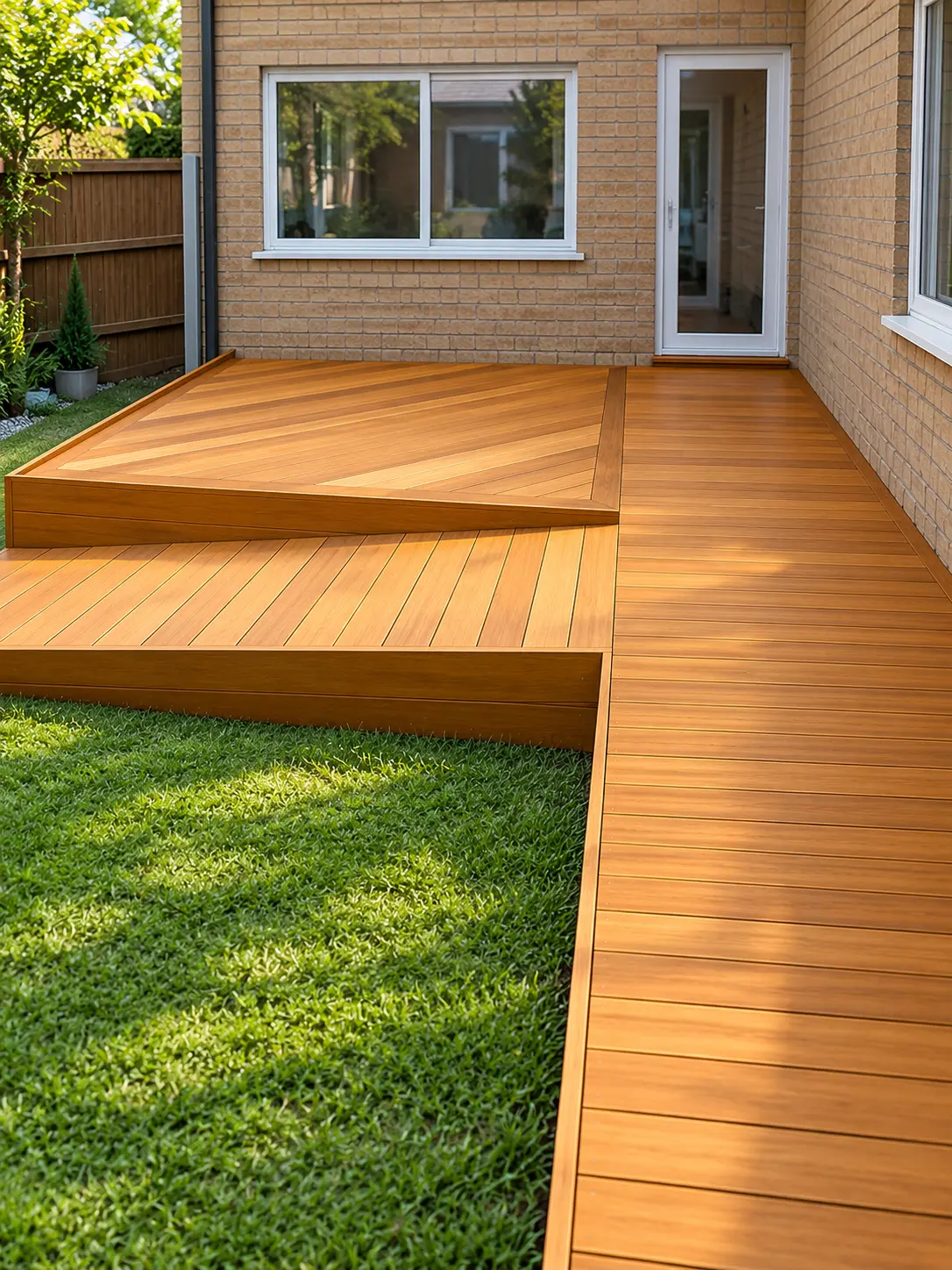 Deck escalonado de madeira com paginação diagonal em quintal gramado